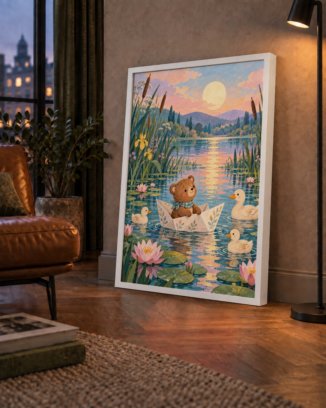 Göl Manzaralı Ayı Yavrusu ve Ördekler Poster – Masalsı Sanat Baskısı