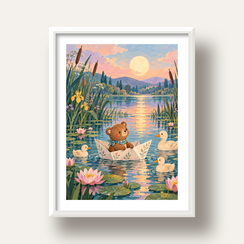 Göl Manzaralı Ayı Yavrusu ve Ördekler Poster – Masalsı Sanat Baskısı — beyaz derin çerçeveli paspartulu