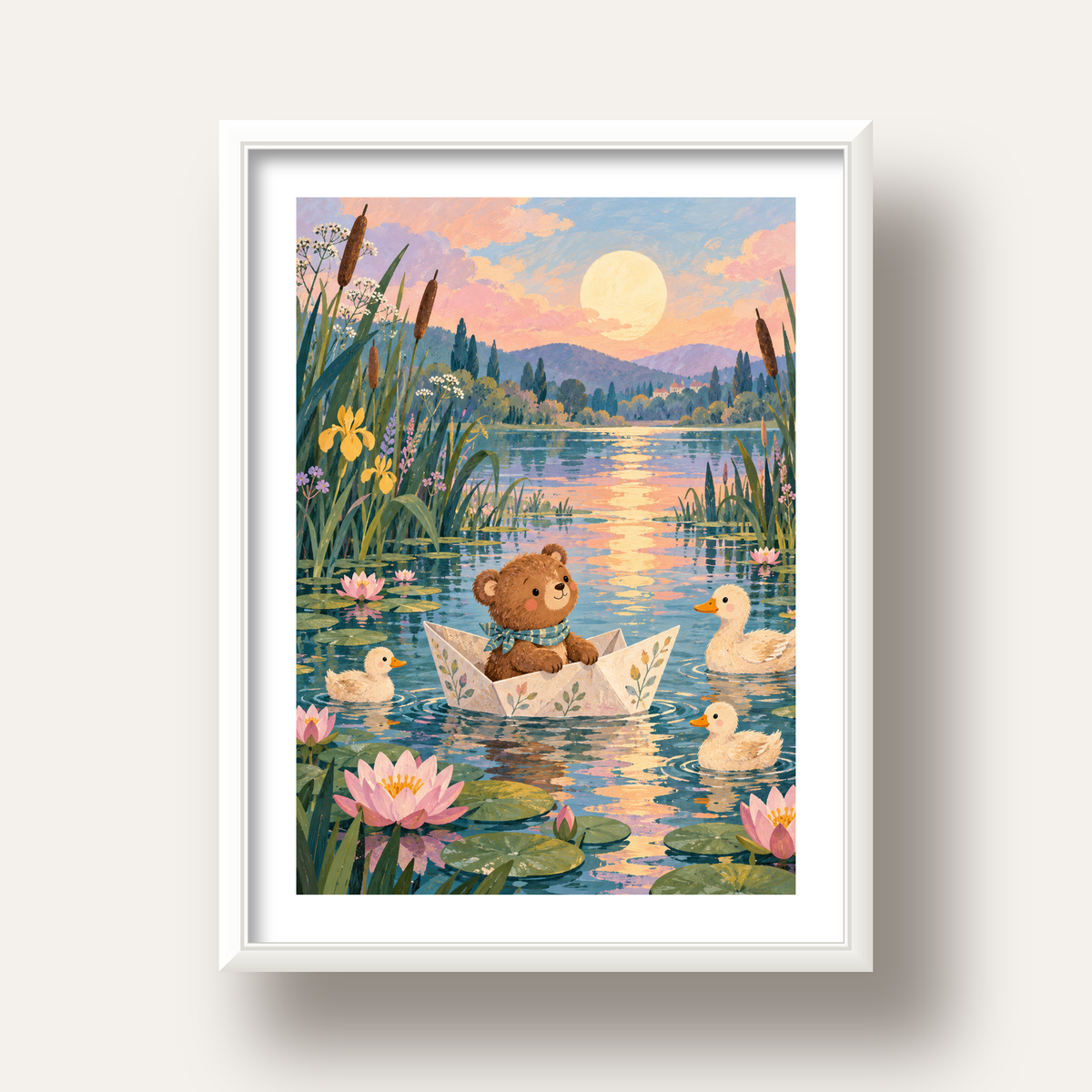 Göl Manzaralı Ayı Yavrusu ve Ördekler Poster – Masalsı Sanat Baskısı — beyaz derin çerçeveli paspartulu