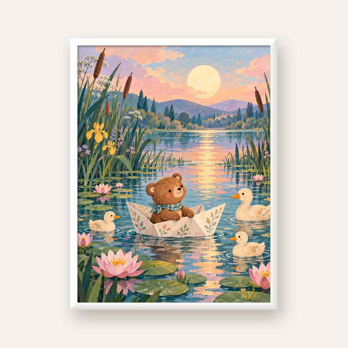 Göl Manzaralı Ayı Yavrusu ve Ördekler Poster – Masalsı Sanat Baskısı — beyaz çerçeveli dikey poster