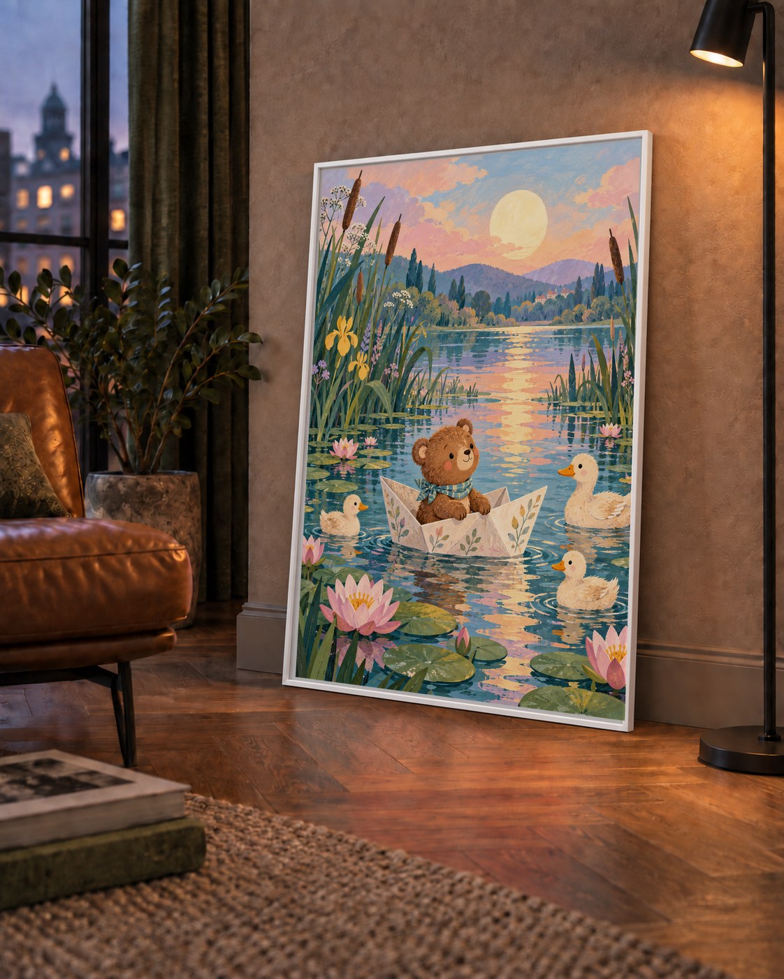 Göl Manzaralı Ayı Yavrusu ve Ördekler Poster – Masalsı Sanat Baskısı