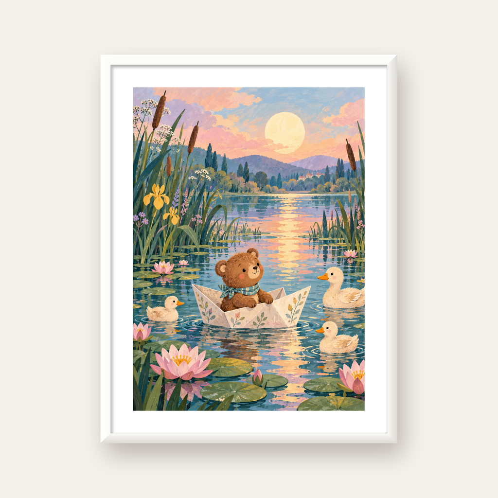 Göl Manzaralı Ayı Yavrusu ve Ördekler Poster – Masalsı Sanat Baskısı — beyaz çerçeveli dikey poster