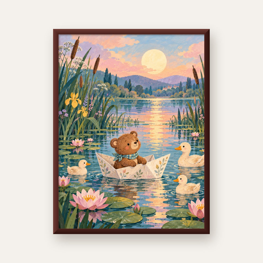 Göl Manzaralı Ayı Yavrusu ve Ördekler Poster – Masalsı Sanat Baskısı — ceviz çerçeveli