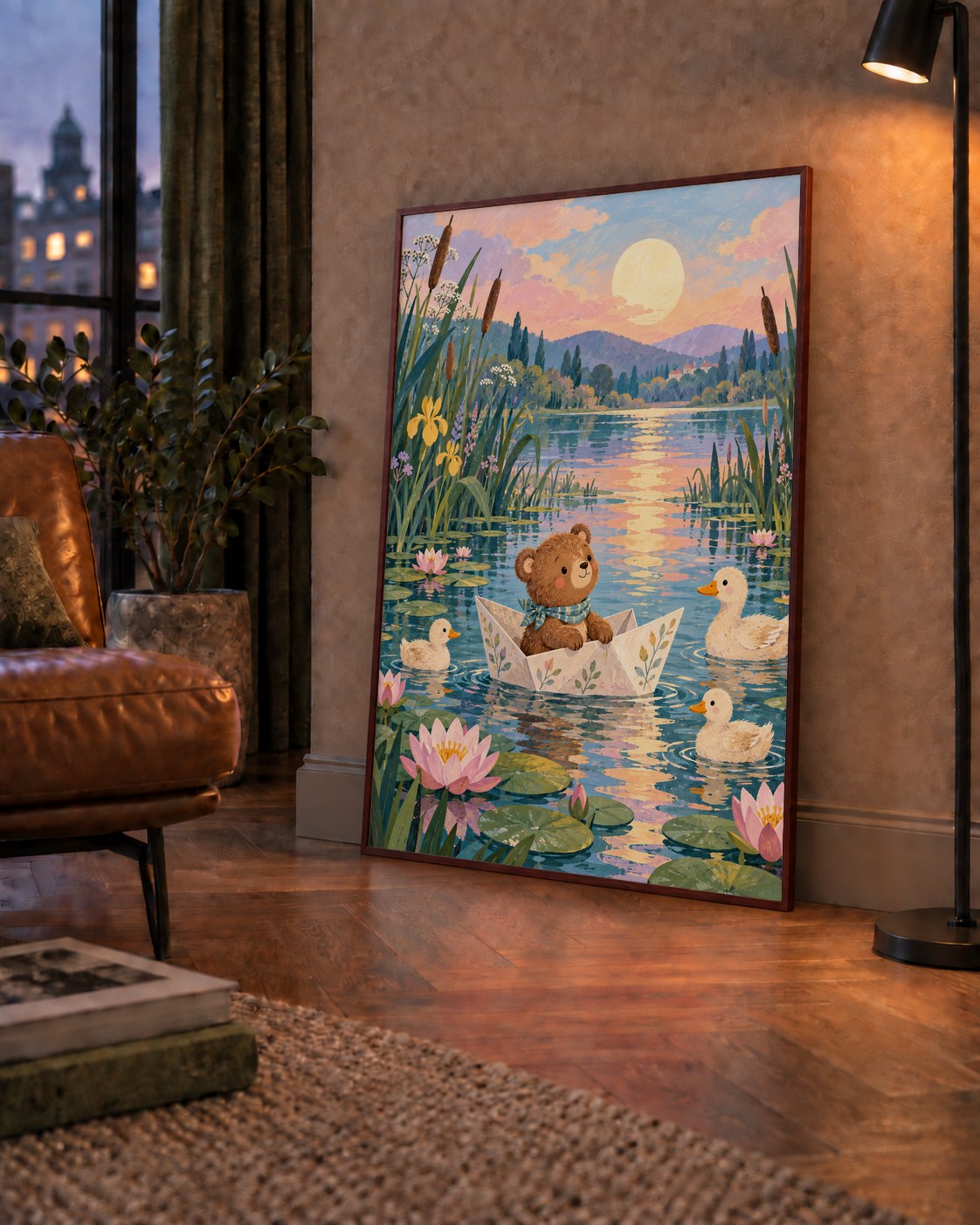 Göl Manzaralı Ayı Yavrusu ve Ördekler Poster – Masalsı Sanat Baskısı