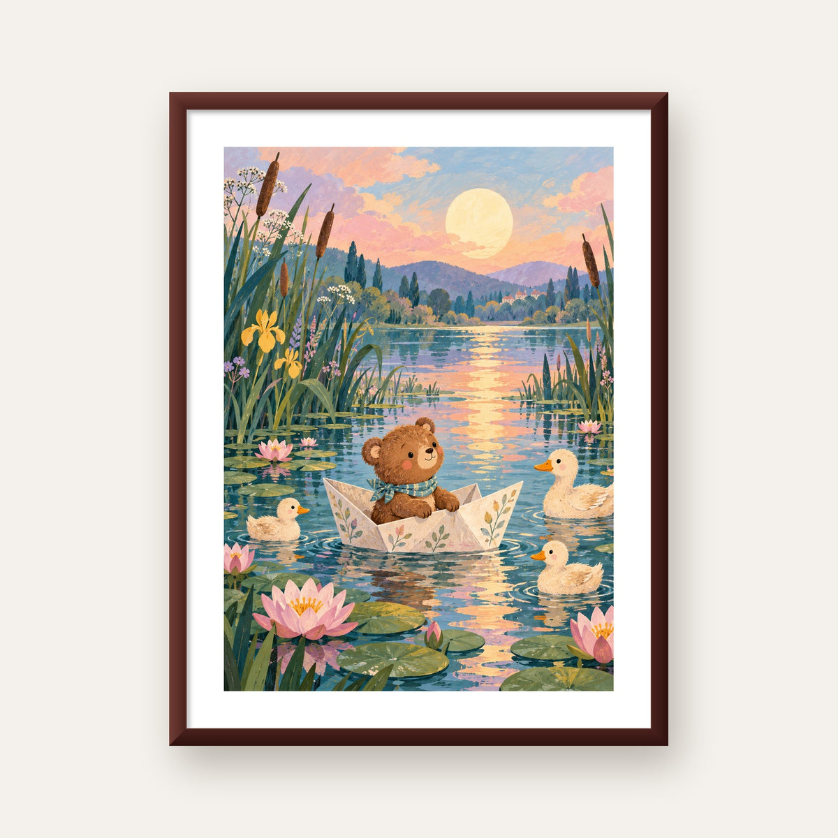 Göl Manzaralı Ayı Yavrusu ve Ördekler Poster – Masalsı Sanat Baskısı — ceviz çerçeveli paspartulu