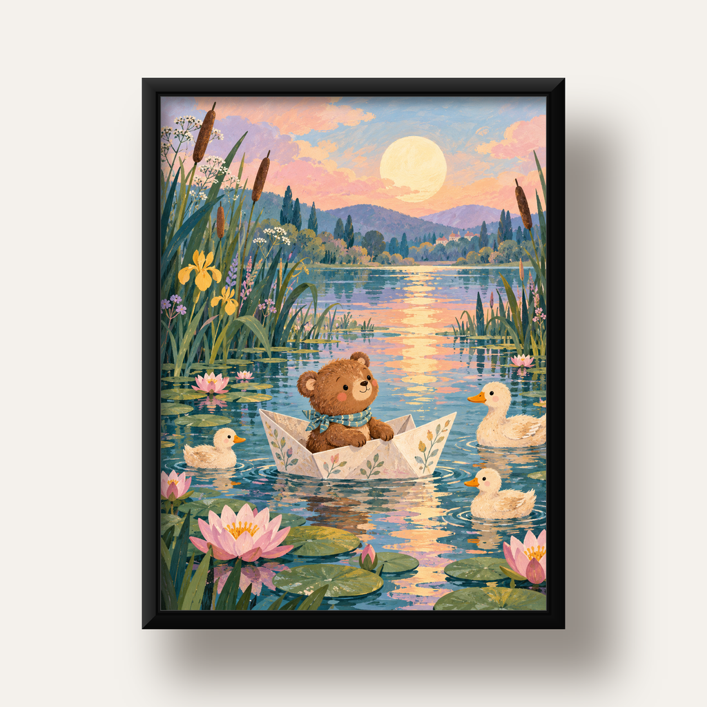 Göl Manzaralı Ayı Yavrusu ve Ördekler Poster – Masalsı Sanat Baskısı — siyah derin çerçeveli