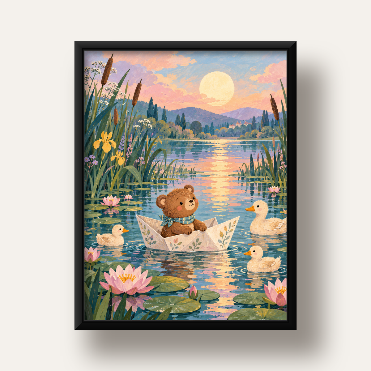 Göl Manzaralı Ayı Yavrusu ve Ördekler Poster – Masalsı Sanat Baskısı — siyah derin çerçeveli