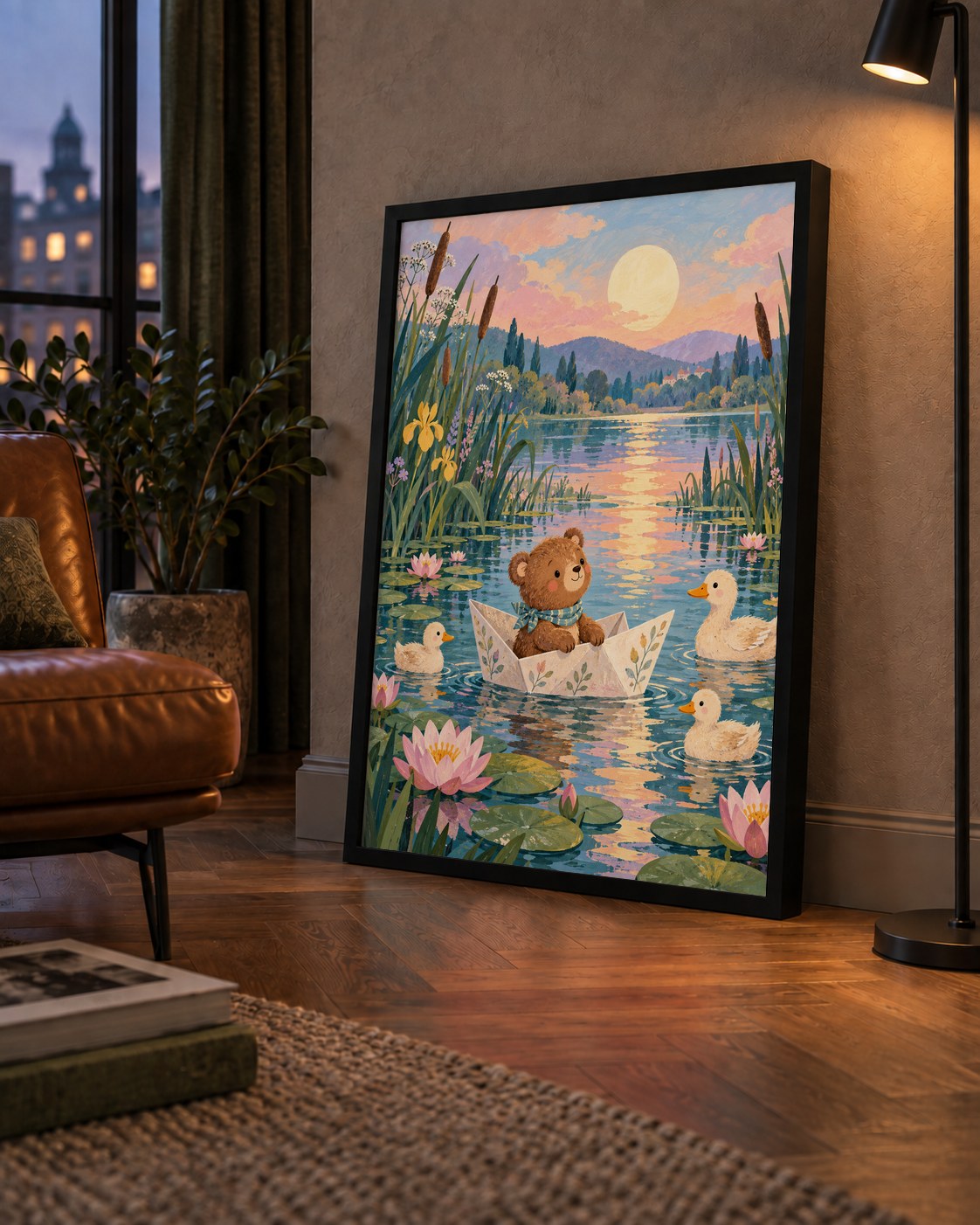 Göl Manzaralı Ayı Yavrusu ve Ördekler Poster – Masalsı Sanat Baskısı