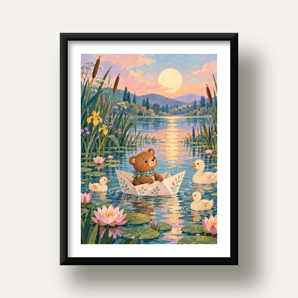 Göl Manzaralı Ayı Yavrusu ve Ördekler Poster – Masalsı Sanat Baskısı — siyah derin çerçeveli paspartulu