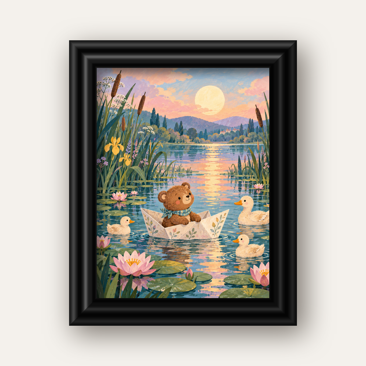 Göl Manzaralı Ayı Yavrusu ve Ördekler Poster – Masalsı Sanat Baskısı — siyah galeri çerçeveli