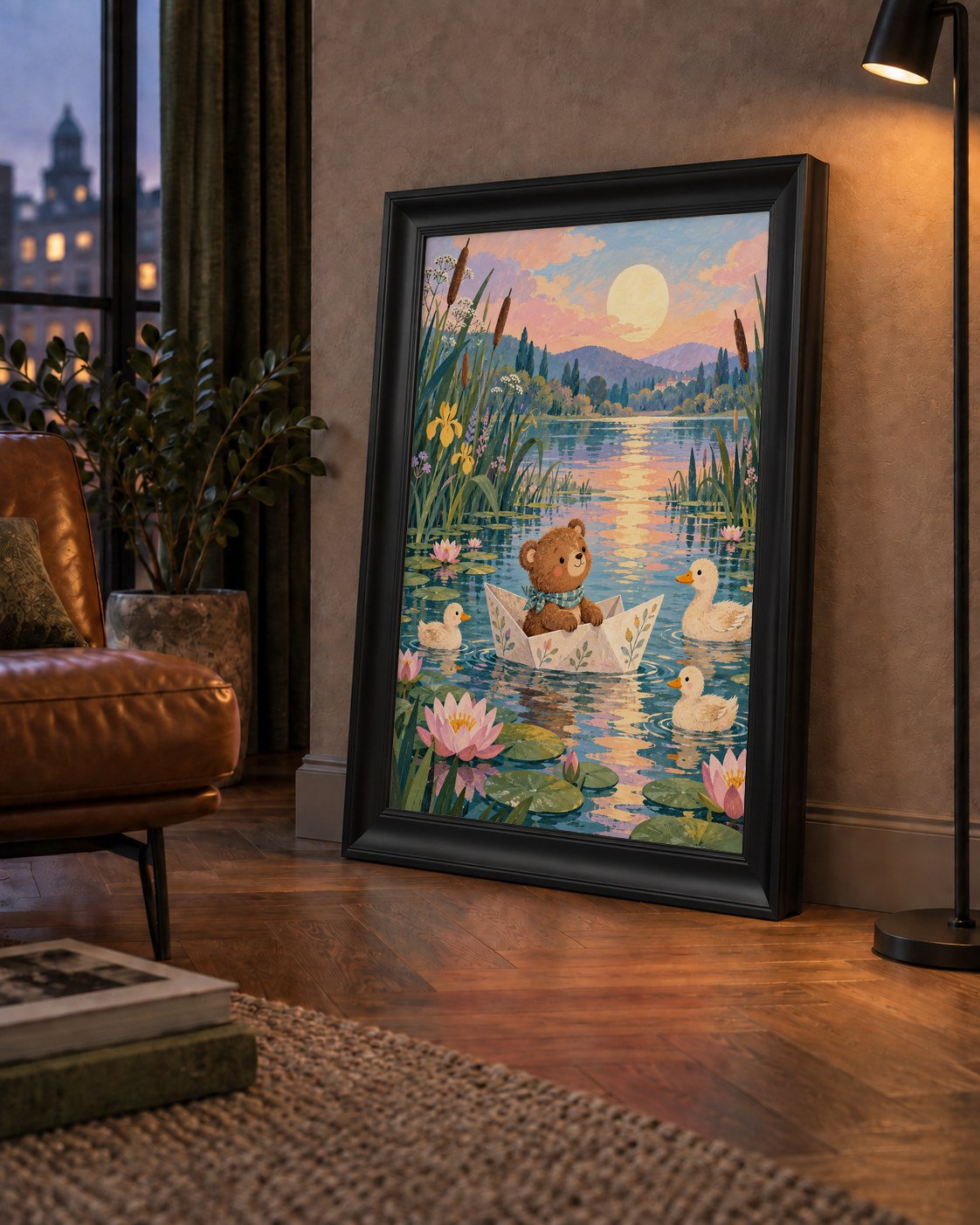 Göl Manzaralı Ayı Yavrusu ve Ördekler Poster – Masalsı Sanat Baskısı