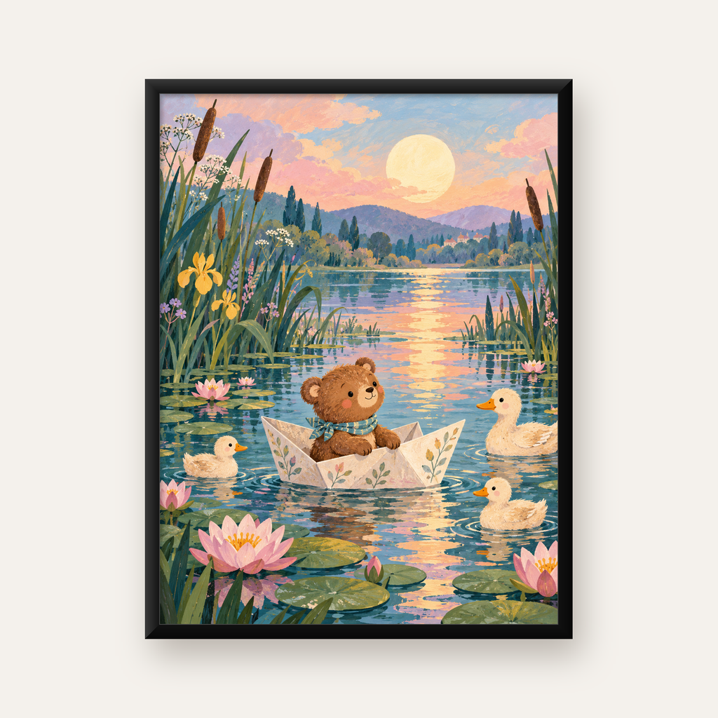 Göl Manzaralı Ayı Yavrusu ve Ördekler Poster – Masalsı Sanat Baskısı — Dikey baskı, düz siyah çerçeveli duvar posteri