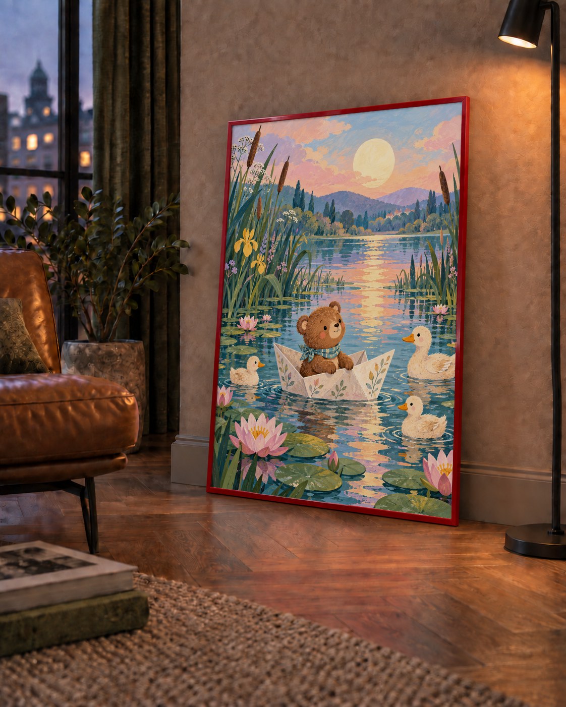 Göl Manzaralı Ayı Yavrusu ve Ördekler Poster – Masalsı Sanat Baskısı