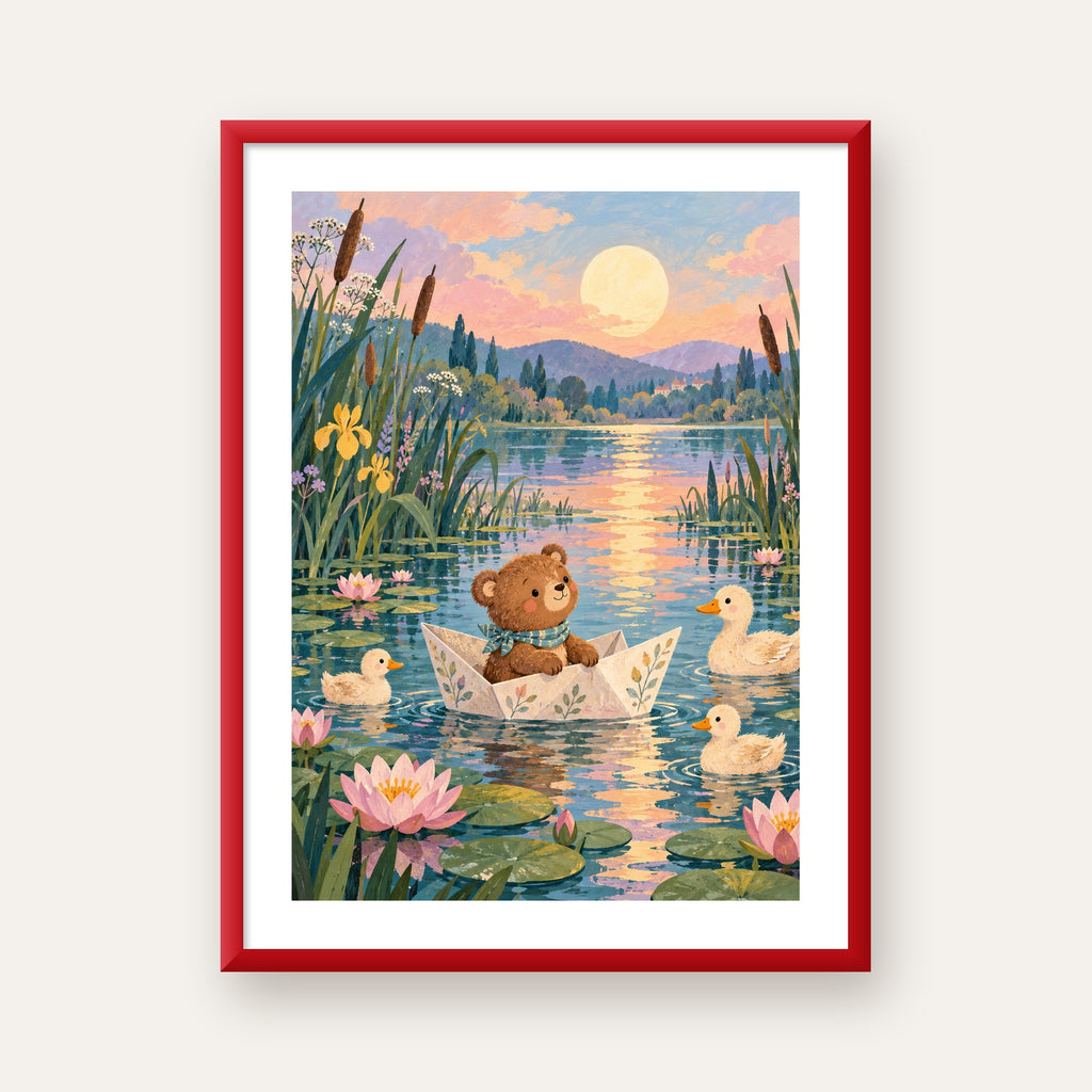 Göl Manzaralı Ayı Yavrusu ve Ördekler Poster – Masalsı Sanat Baskısı — kırmızı çerçeveli paspartulu