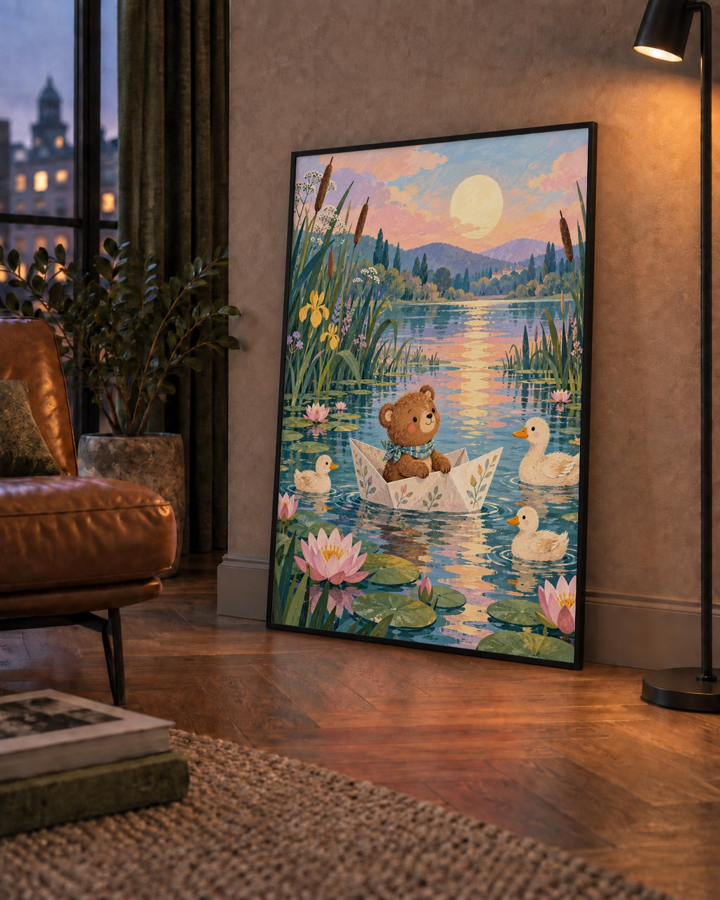 Göl Manzaralı Ayı Yavrusu ve Ördekler Poster – Masalsı Sanat Baskısı