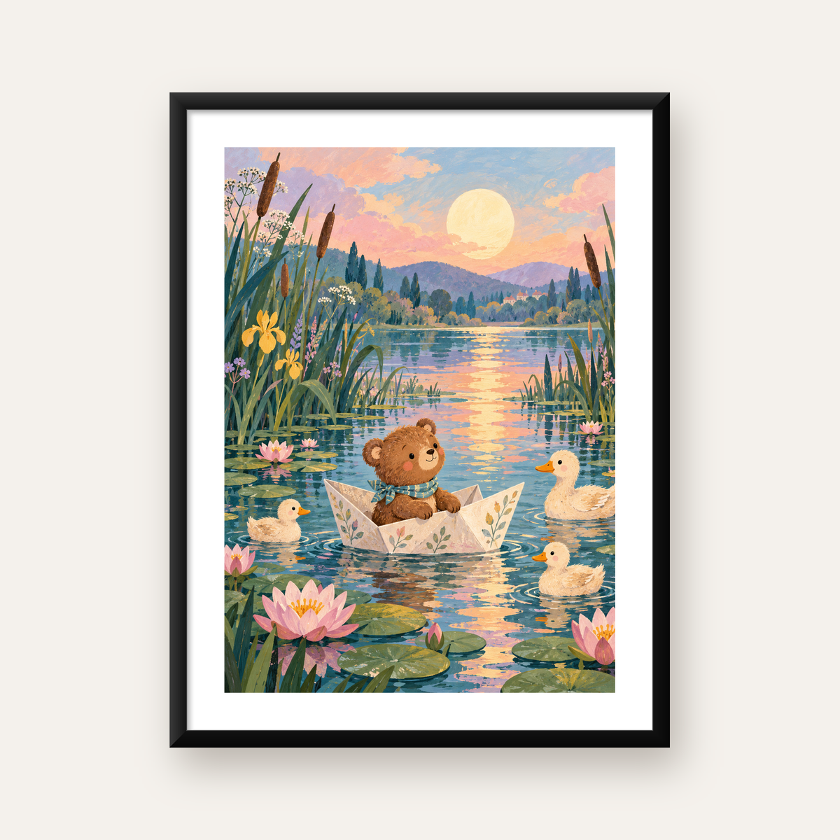 Göl Manzaralı Ayı Yavrusu ve Ördekler Poster – Masalsı Sanat Baskısı — Dikey baskı, beyaz paspartulu