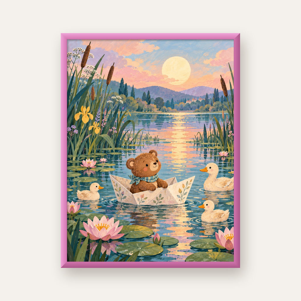 Göl Manzaralı Ayı Yavrusu ve Ördekler Poster – Masalsı Sanat Baskısı — pembe çerçeveli