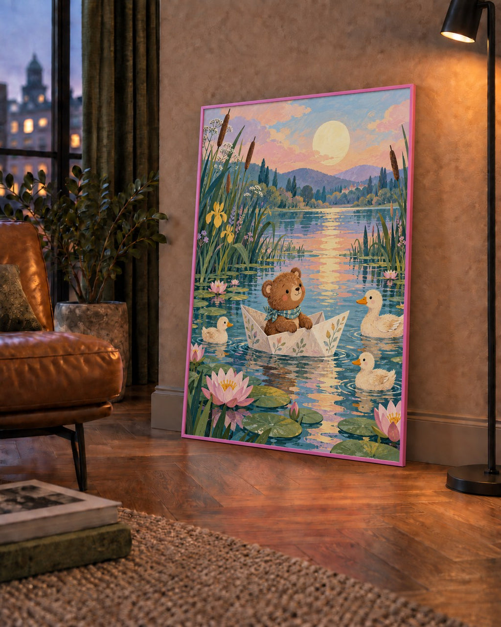 Göl Manzaralı Ayı Yavrusu ve Ördekler Poster – Masalsı Sanat Baskısı