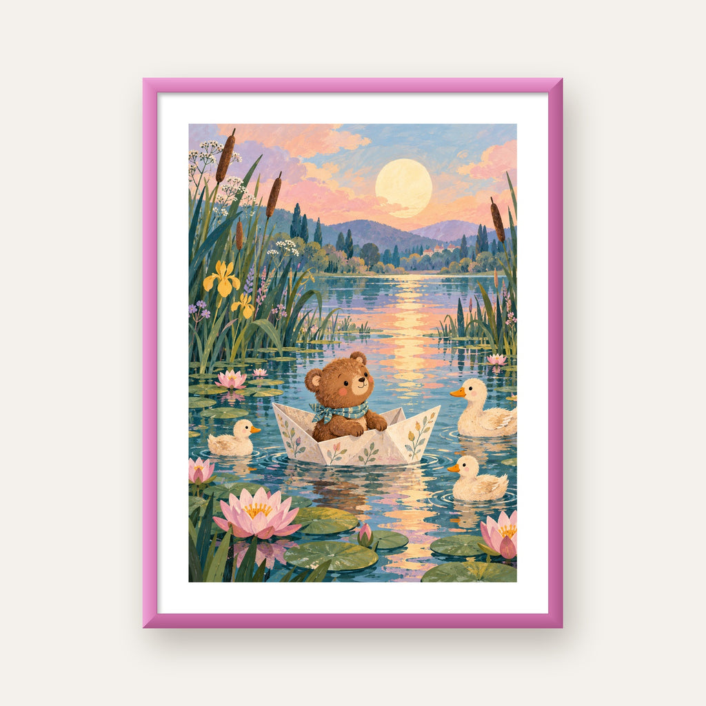 Göl Manzaralı Ayı Yavrusu ve Ördekler Poster – Masalsı Sanat Baskısı — pembe çerçeveli paspartulu