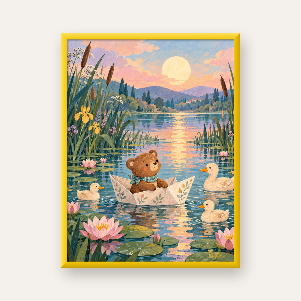 Göl Manzaralı Ayı Yavrusu ve Ördekler Poster – Masalsı Sanat Baskısı — sarı çerçeveli