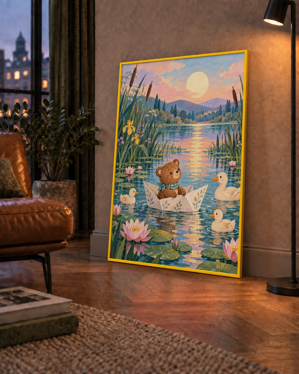 Göl Manzaralı Ayı Yavrusu ve Ördekler Poster – Masalsı Sanat Baskısı