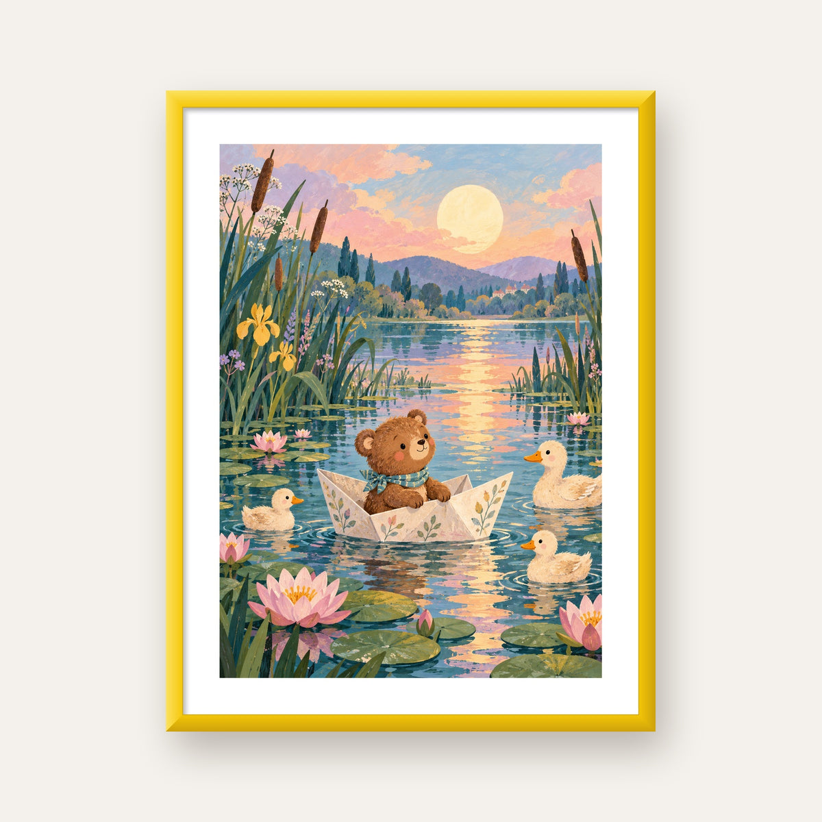 Göl Manzaralı Ayı Yavrusu ve Ördekler Poster – Masalsı Sanat Baskısı — sarı çerçeveli paspartulu