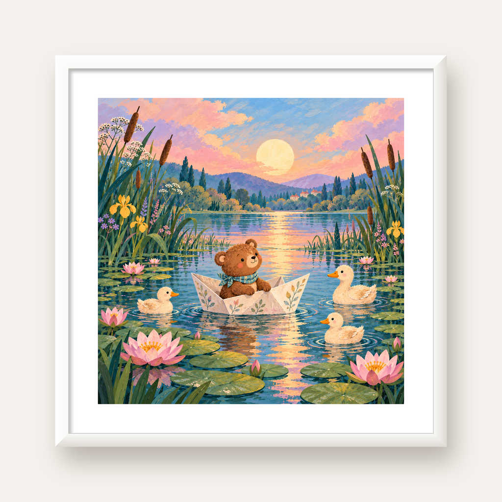 Göl Manzaralı Ayı Yavrusu ve Ördekler Poster – Masalsı Sanat Baskısı — beyaz çerçeveli kare poster