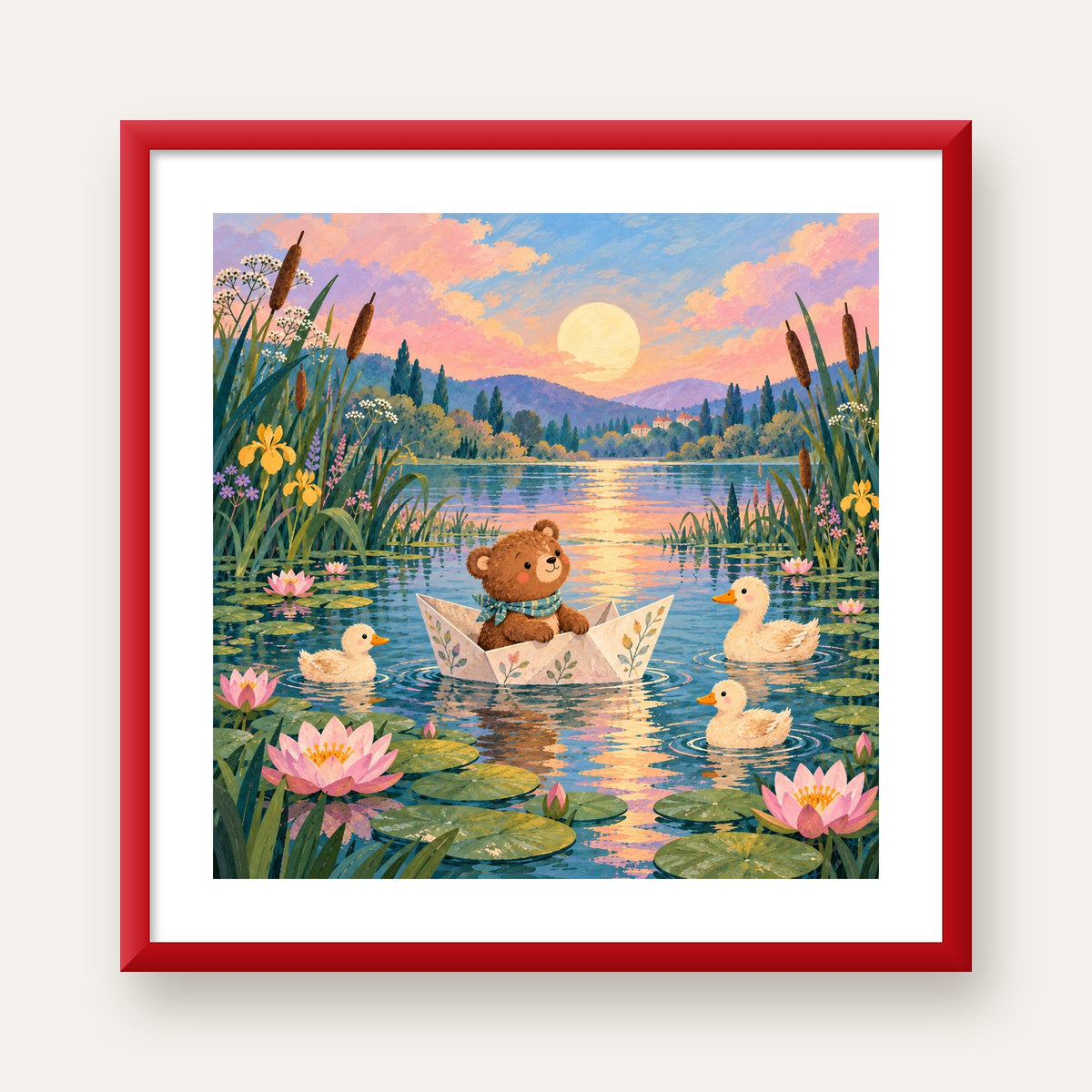 Göl Manzaralı Ayı Yavrusu ve Ördekler Poster – Masalsı Sanat Baskısı — kırmızı çerçeveli paspartulu