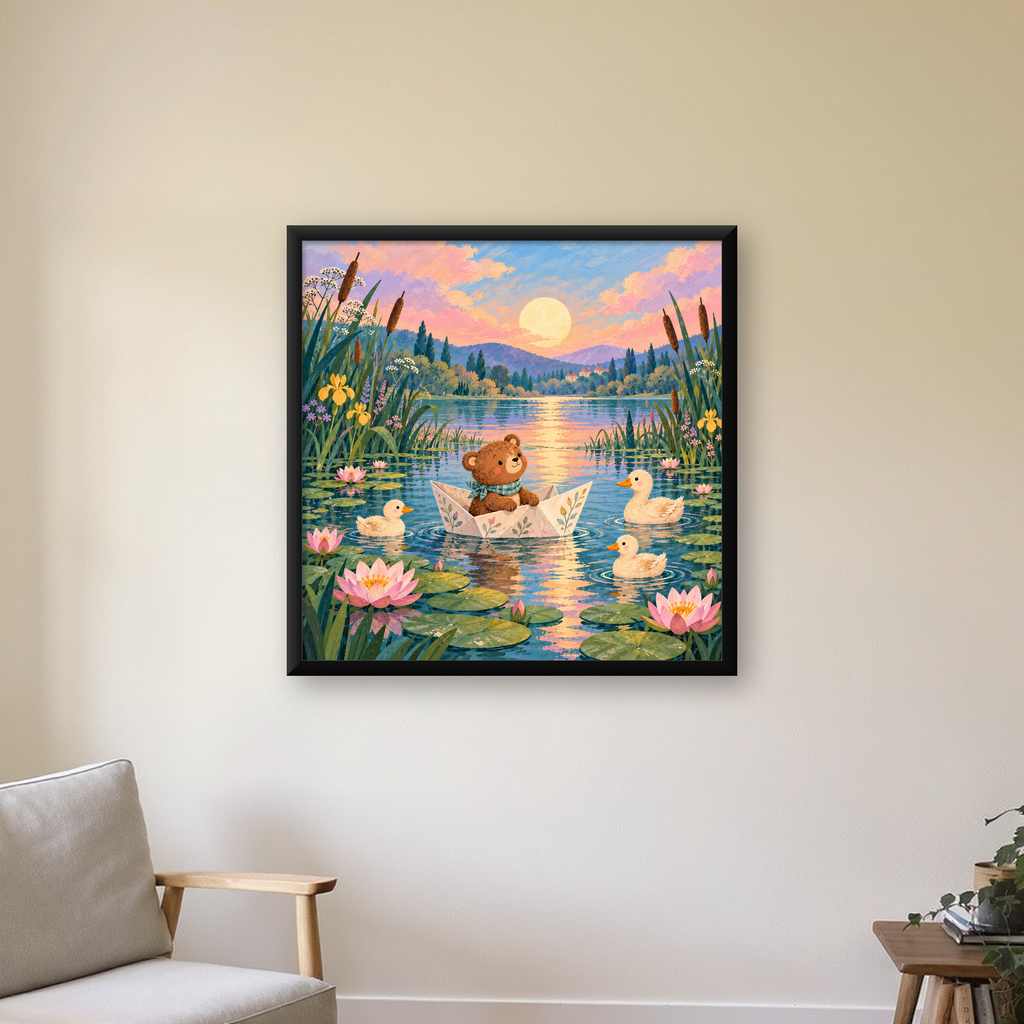 Göl Manzaralı Ayı Yavrusu ve Ördekler Poster – Masalsı Sanat Baskısı — Kare baskı, çerçeveli hâliyle bir ev duvarında