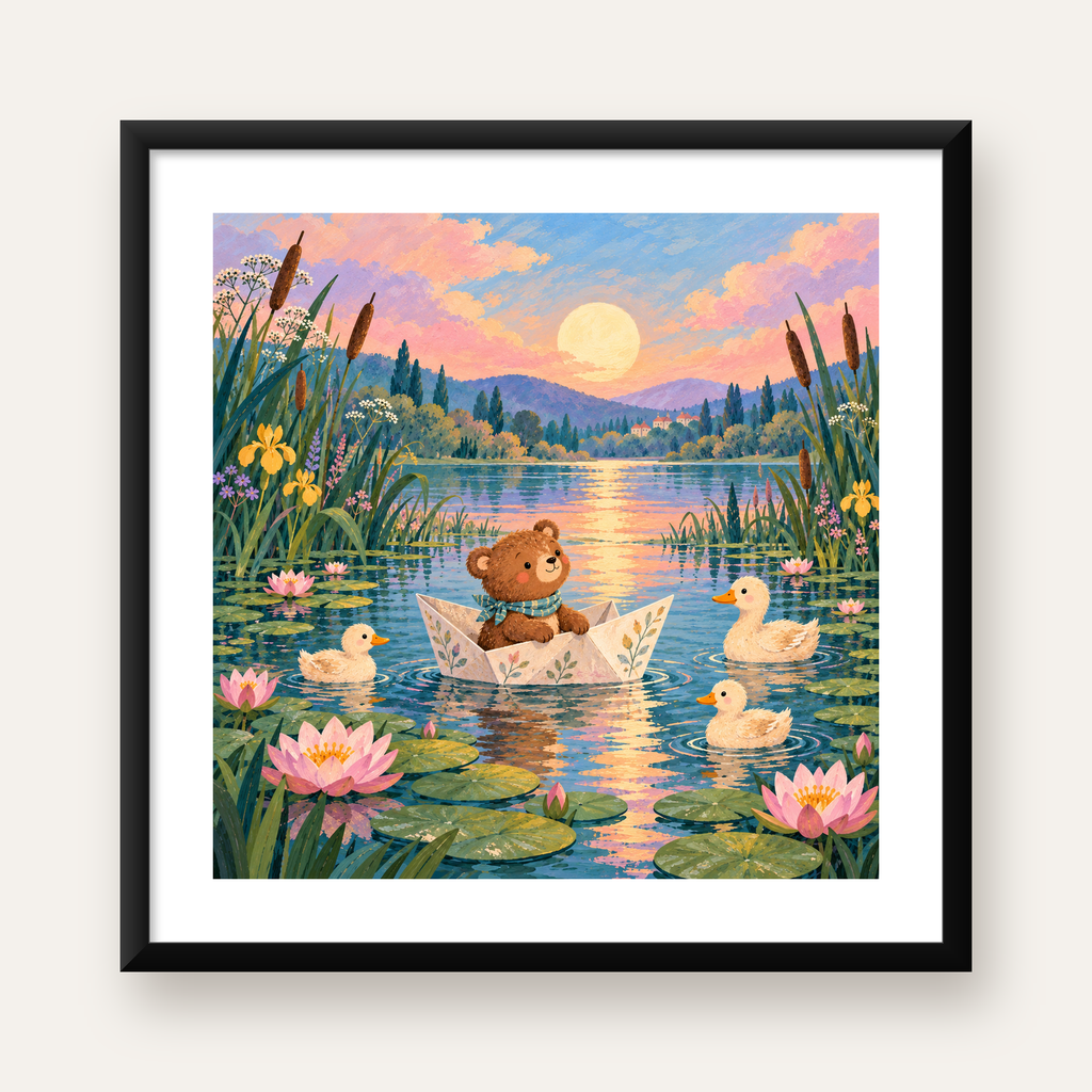 Göl Manzaralı Ayı Yavrusu ve Ördekler Poster – Masalsı Sanat Baskısı — Kare baskı, beyaz paspartulu