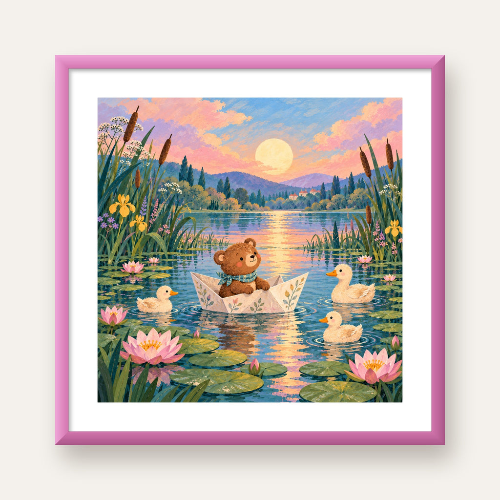 Göl Manzaralı Ayı Yavrusu ve Ördekler Poster – Masalsı Sanat Baskısı — pembe çerçeveli paspartulu