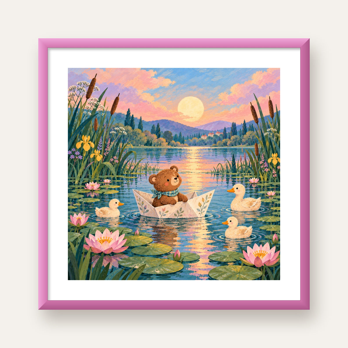 Göl Manzaralı Ayı Yavrusu ve Ördekler Poster – Masalsı Sanat Baskısı — pembe çerçeveli paspartulu