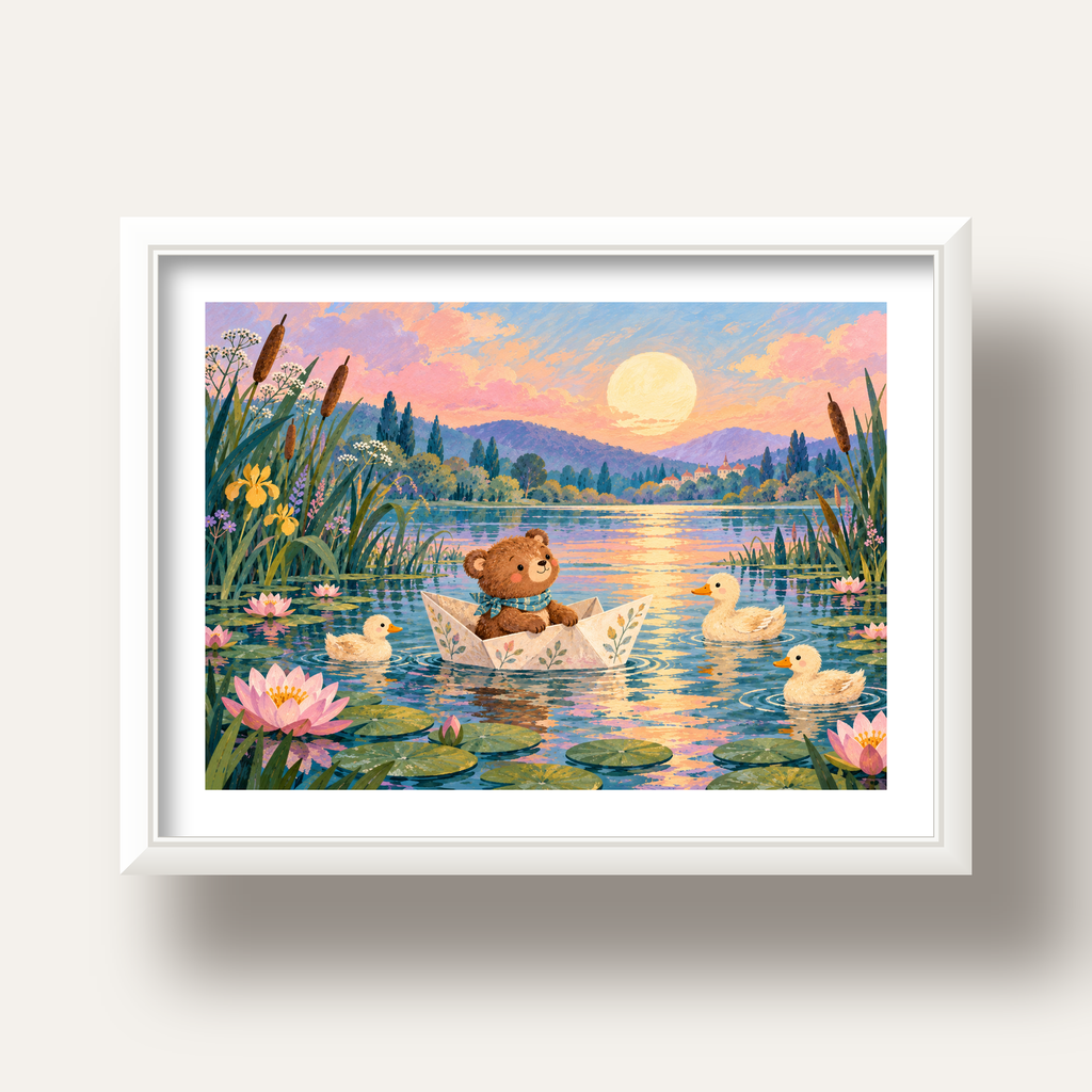 Göl Manzaralı Ayı Yavrusu ve Ördekler Poster – Masalsı Sanat Baskısı — beyaz derin çerçeveli paspartulu