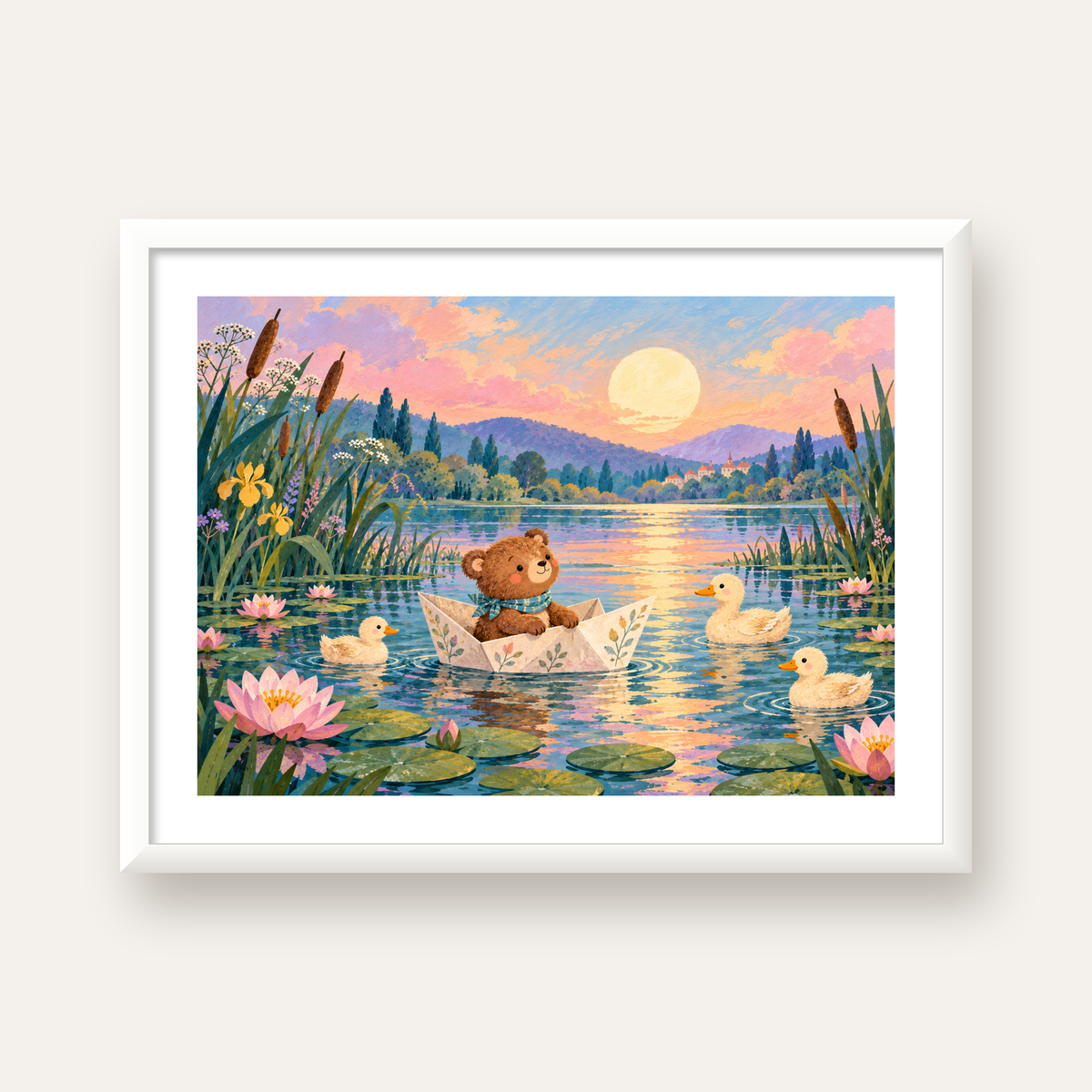 Göl Manzaralı Ayı Yavrusu ve Ördekler Poster – Masalsı Sanat Baskısı — beyaz çerçeveli yatay poster