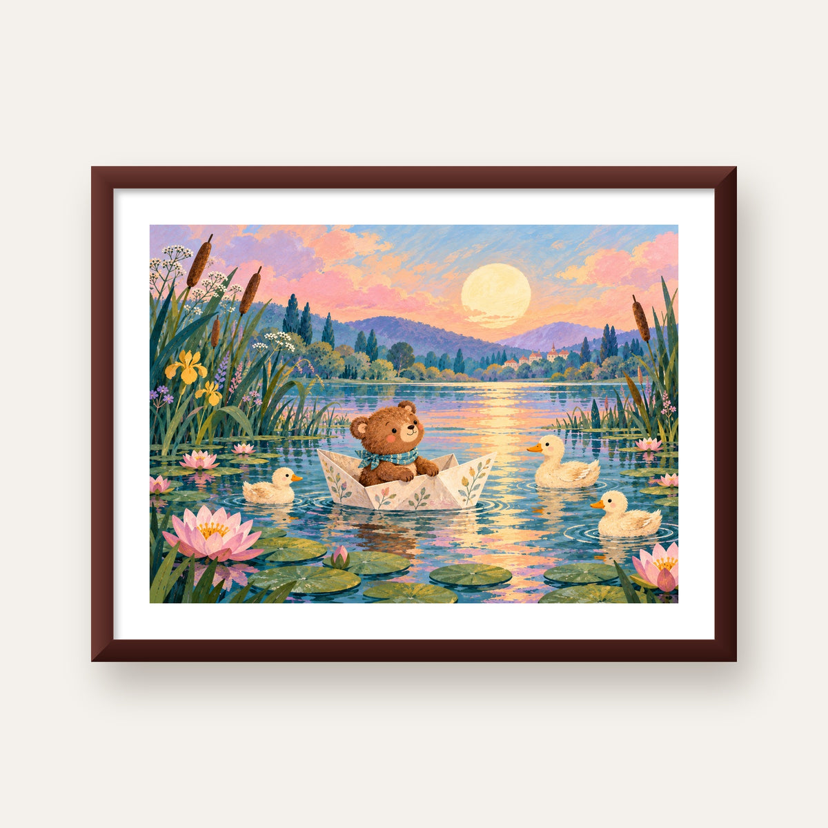 Göl Manzaralı Ayı Yavrusu ve Ördekler Poster – Masalsı Sanat Baskısı — ceviz çerçeveli paspartulu