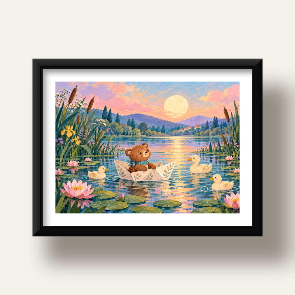 Göl Manzaralı Ayı Yavrusu ve Ördekler Poster – Masalsı Sanat Baskısı — siyah derin çerçeveli paspartulu