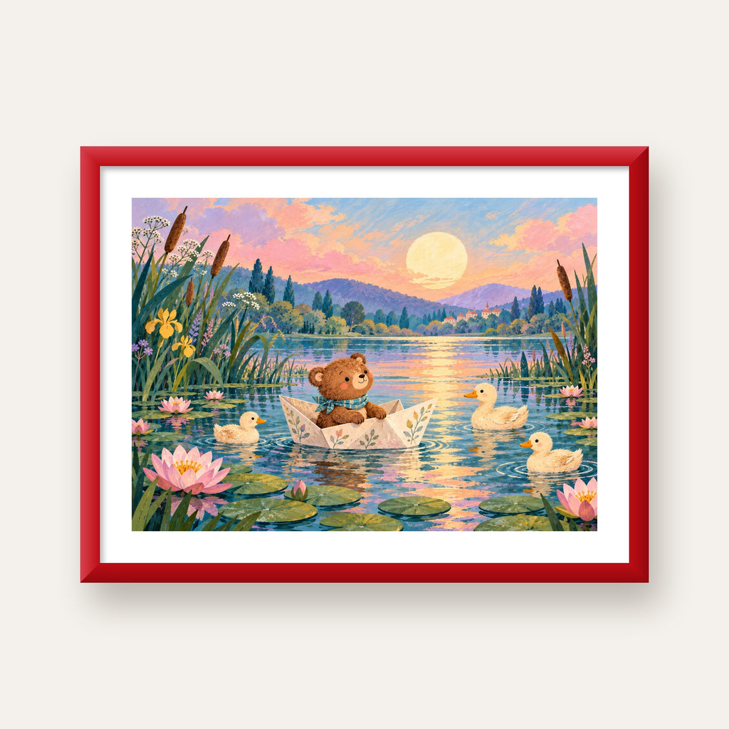 Göl Manzaralı Ayı Yavrusu ve Ördekler Poster – Masalsı Sanat Baskısı — kırmızı çerçeveli paspartulu
