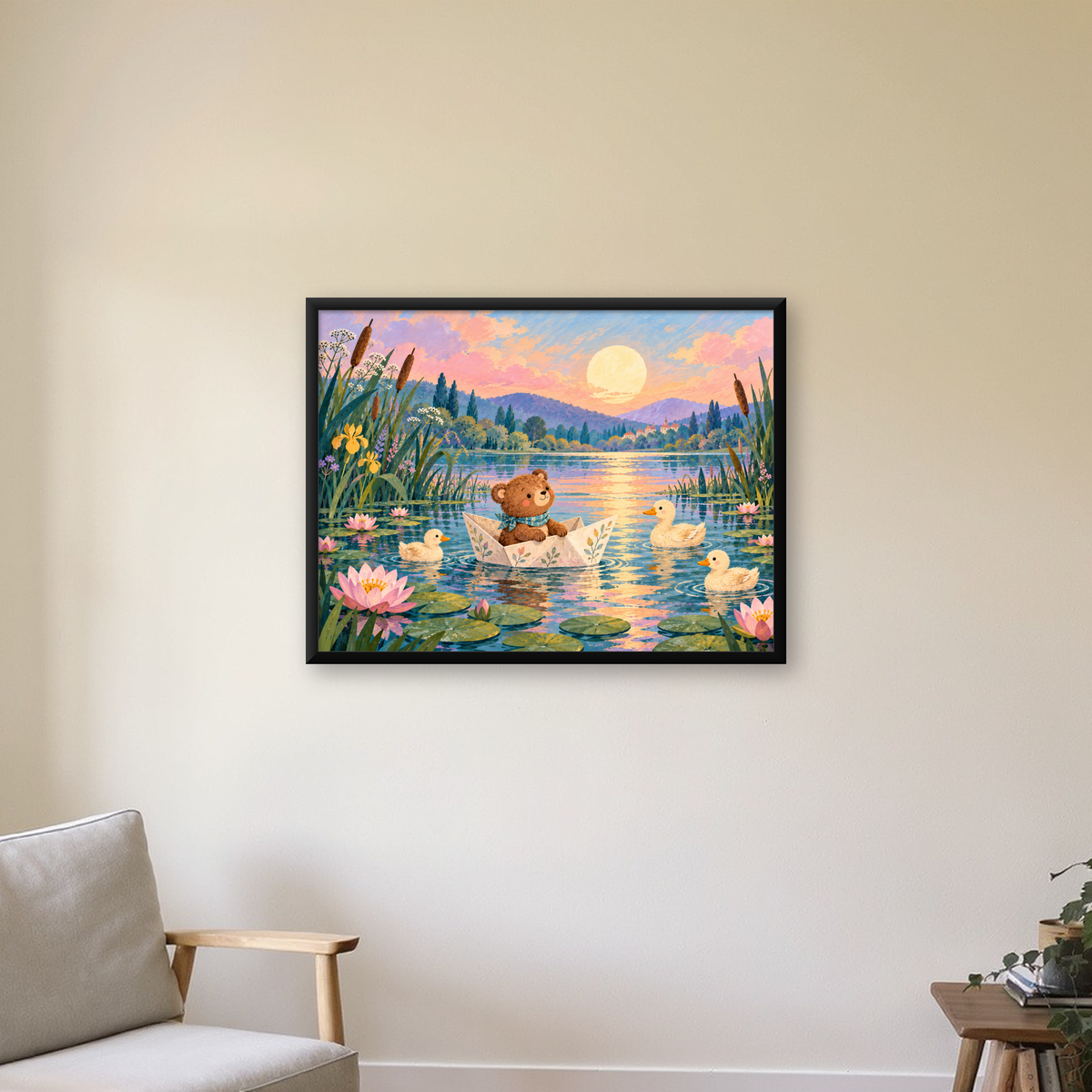 Göl Manzaralı Ayı Yavrusu ve Ördekler Poster – Masalsı Sanat Baskısı — Yatay baskı, çerçeveli hâliyle bir ev duvarında