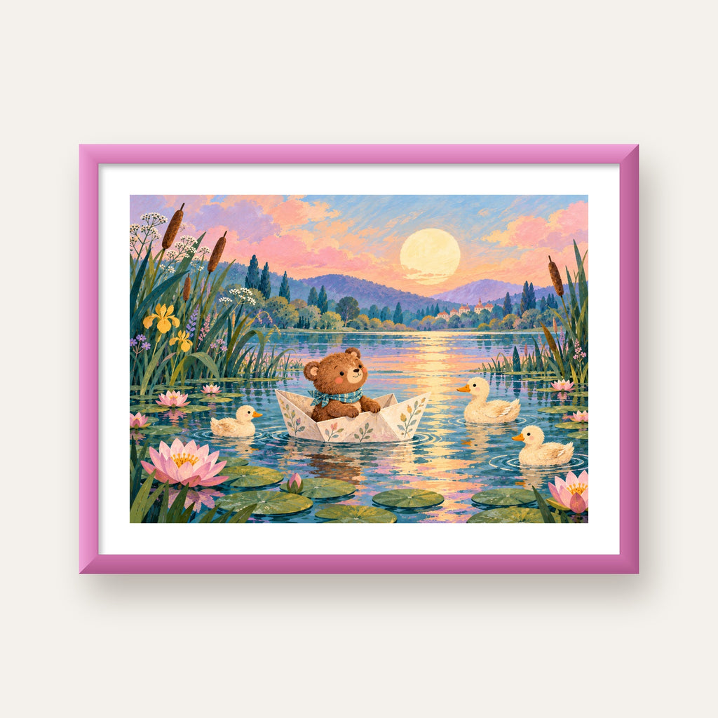Göl Manzaralı Ayı Yavrusu ve Ördekler Poster – Masalsı Sanat Baskısı — pembe çerçeveli paspartulu