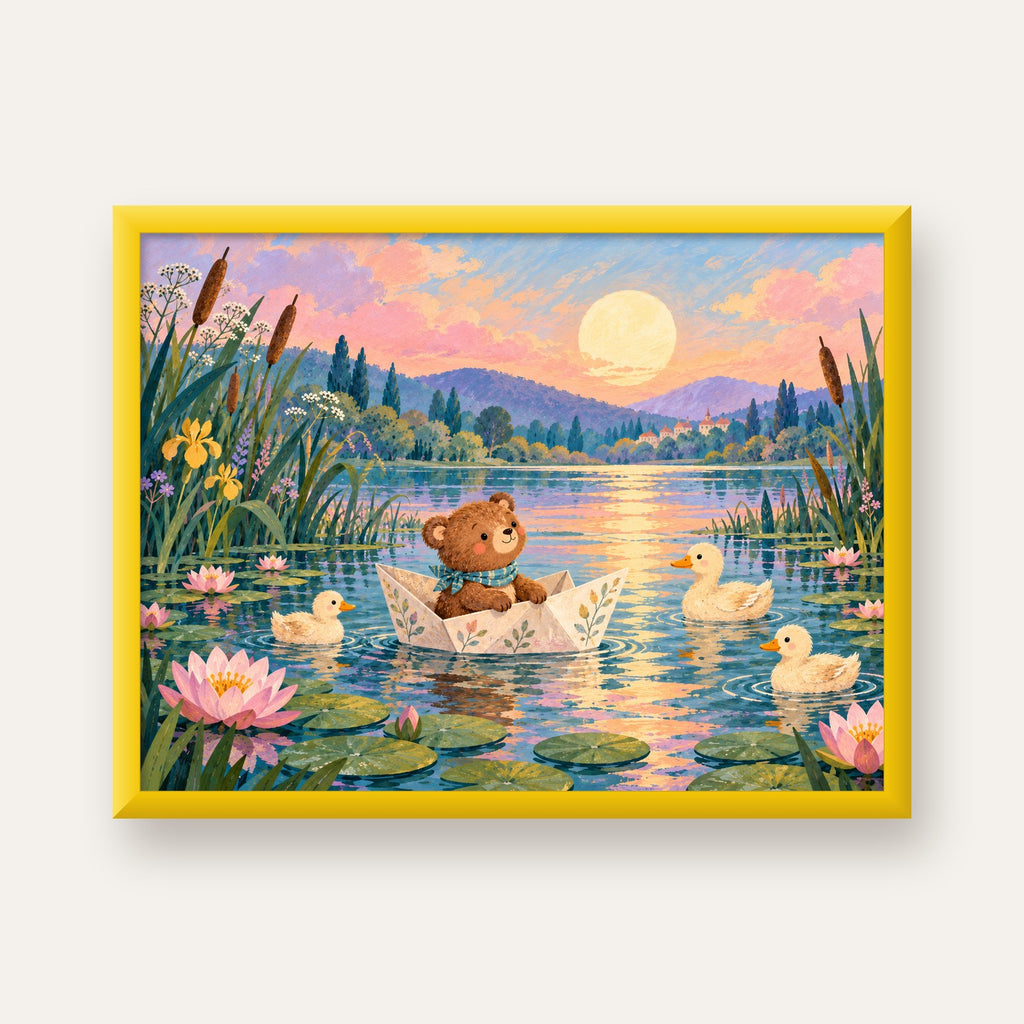 Göl Manzaralı Ayı Yavrusu ve Ördekler Poster – Masalsı Sanat Baskısı — sarı çerçeveli