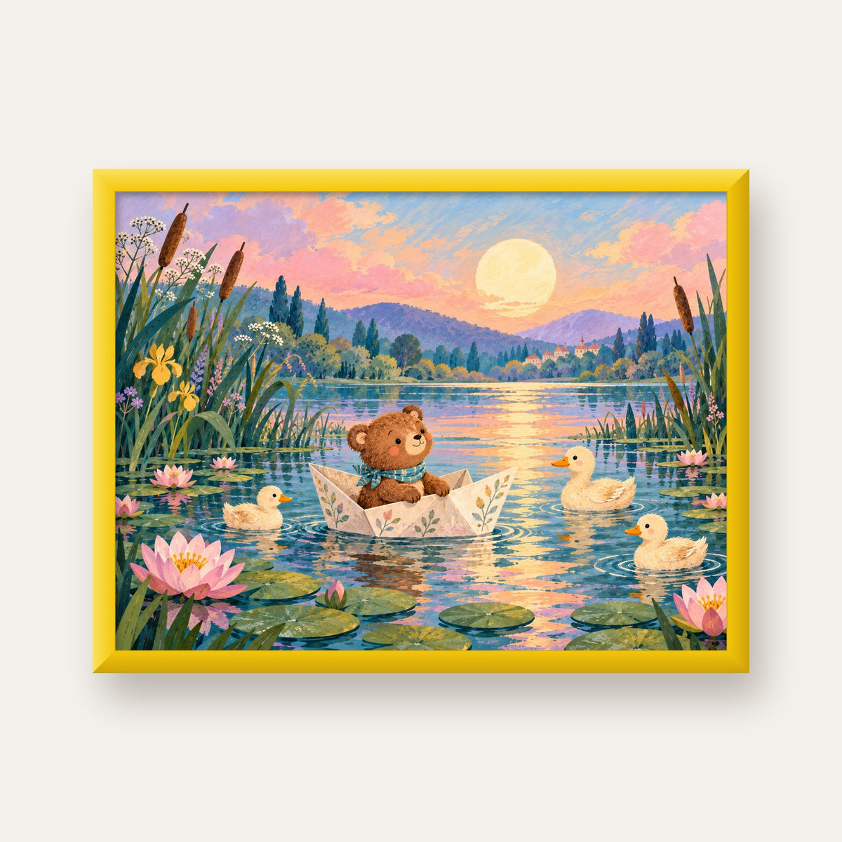 Göl Manzaralı Ayı Yavrusu ve Ördekler Poster – Masalsı Sanat Baskısı — sarı çerçeveli