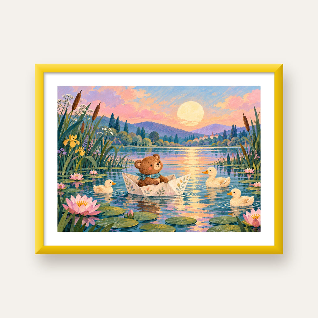 Göl Manzaralı Ayı Yavrusu ve Ördekler Poster – Masalsı Sanat Baskısı — sarı çerçeveli paspartulu