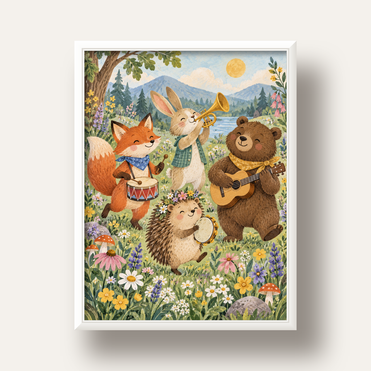 Orman Hayvanları Müzik Grubu Suluboya Çocuk Poster — beyaz derin çerçeveli