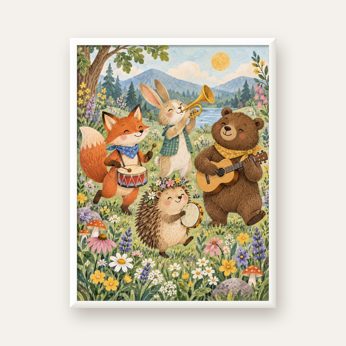 Orman Hayvanları Müzik Grubu Suluboya Çocuk Poster — beyaz çerçeveli dikey poster