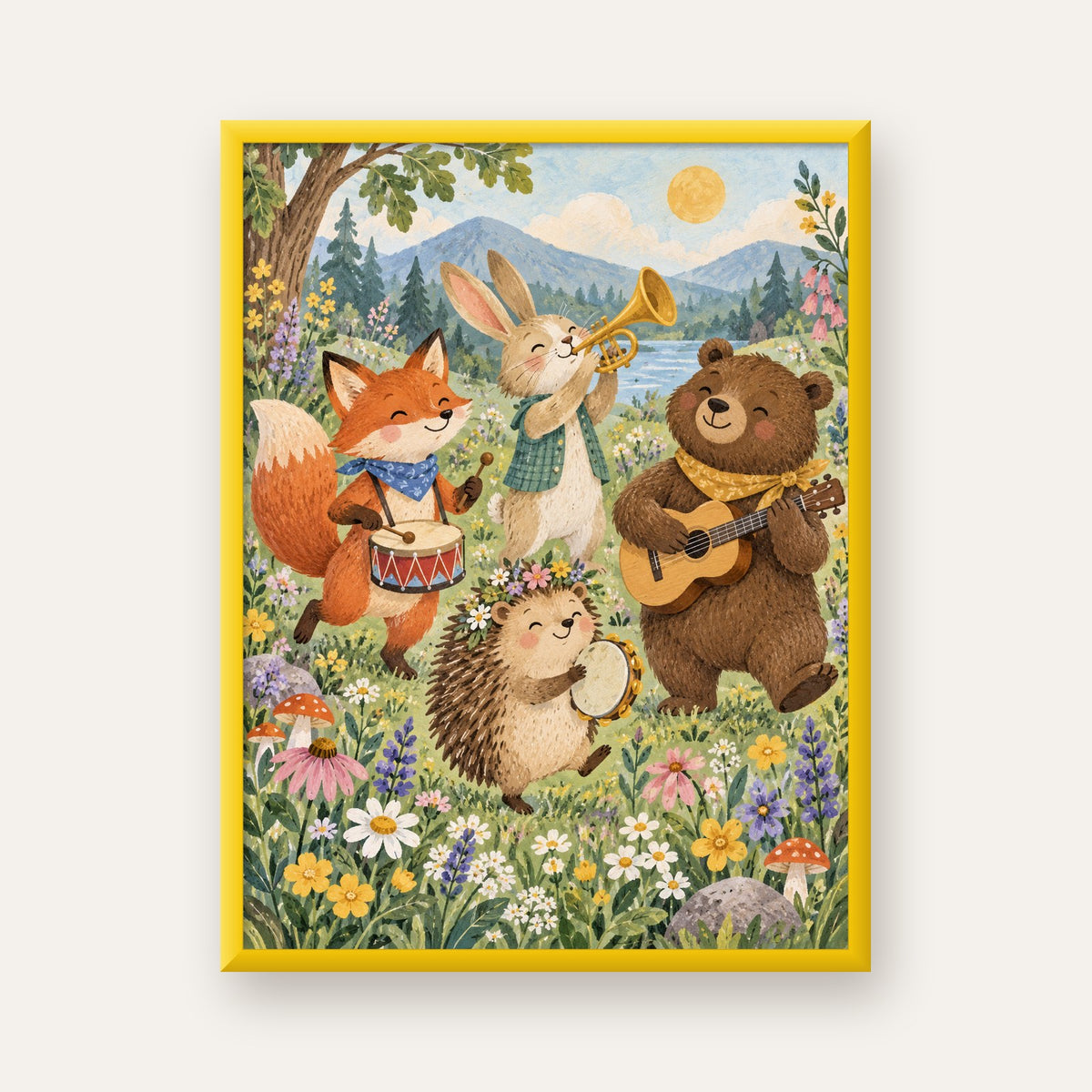 Orman Hayvanları Müzik Grubu Suluboya Çocuk Poster — sarı çerçeveli