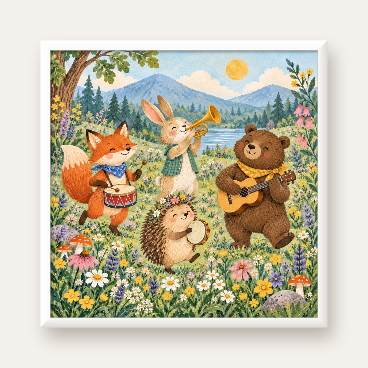 Orman Hayvanları Müzik Grubu Suluboya Çocuk Poster — beyaz çerçeveli kare poster