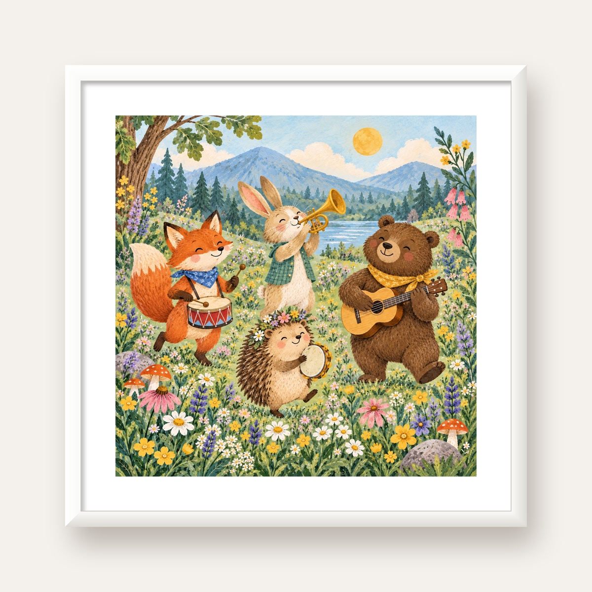 Orman Hayvanları Müzik Grubu Suluboya Çocuk Poster — beyaz çerçeveli kare poster