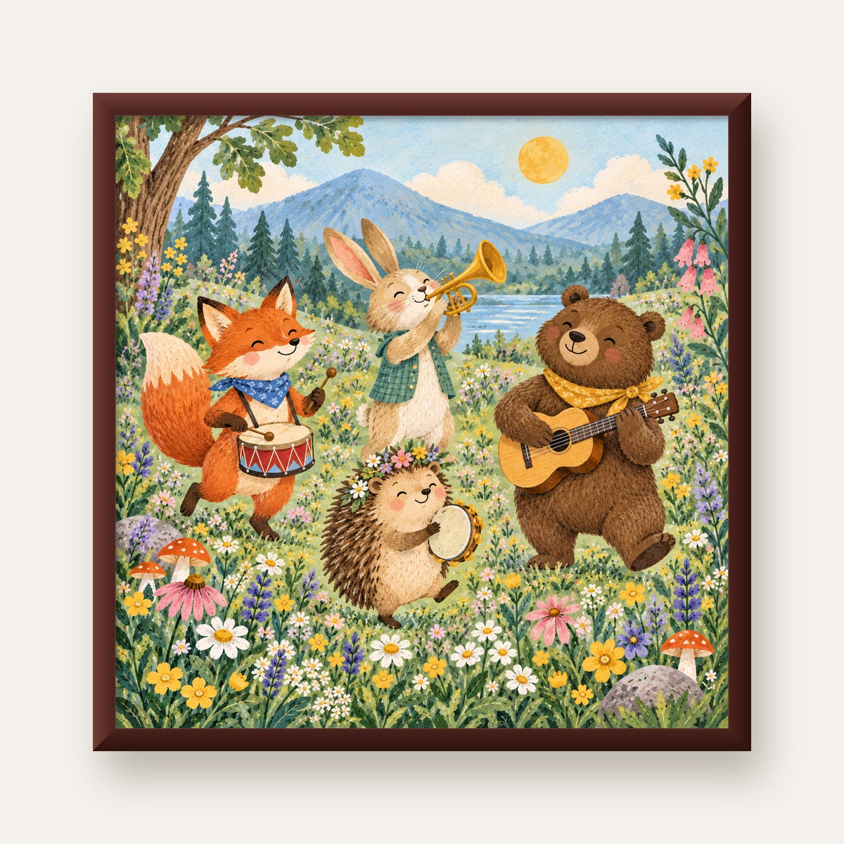 Orman Hayvanları Müzik Grubu Suluboya Çocuk Poster — ceviz çerçeveli