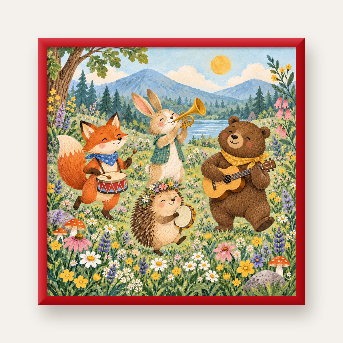 Orman Hayvanları Müzik Grubu Suluboya Çocuk Poster — kırmızı çerçeveli