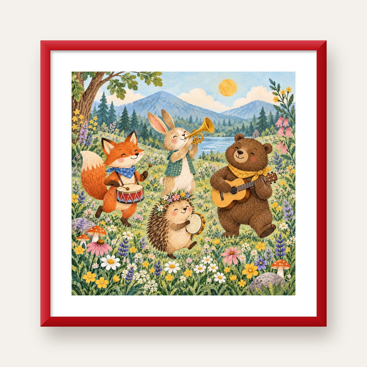 Orman Hayvanları Müzik Grubu Suluboya Çocuk Poster — kırmızı çerçeveli paspartulu